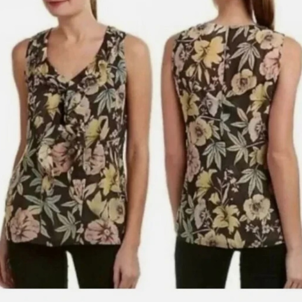 Cabi Womens Osaka Nights Blouse Black Yellow Floral Ruffle V-Neck Women’s Small
